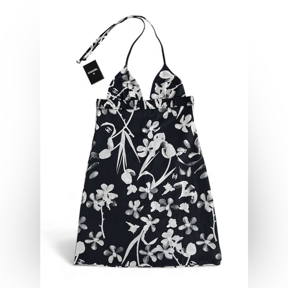 New CHANEL 2004 CC Camellia Print Halter Neck Swimsuit Dress | Size EU38 Vintage